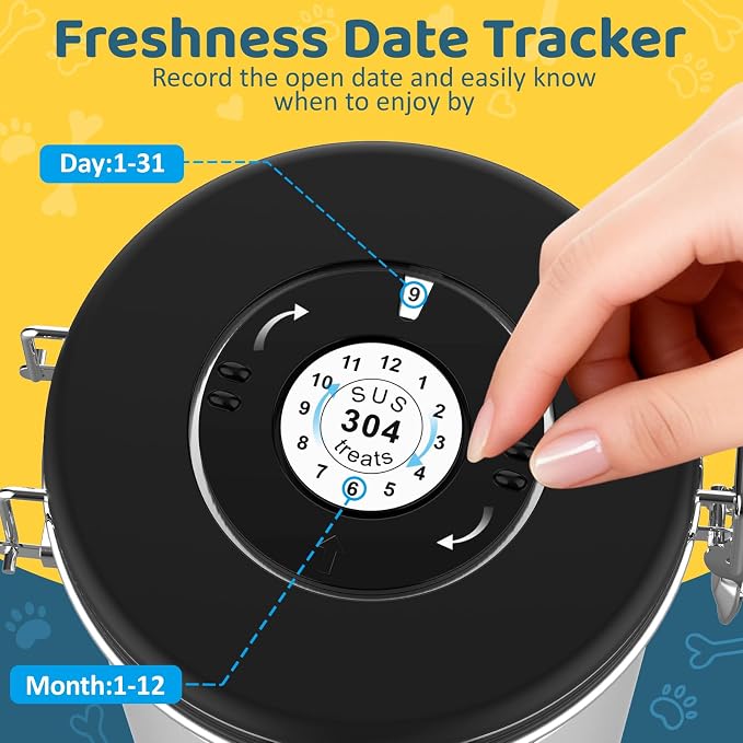 ENONCI Airtight Dog Treat Canister, 304 Stainless Steel Food Storage Jar with Date Dial Silver-2.8L