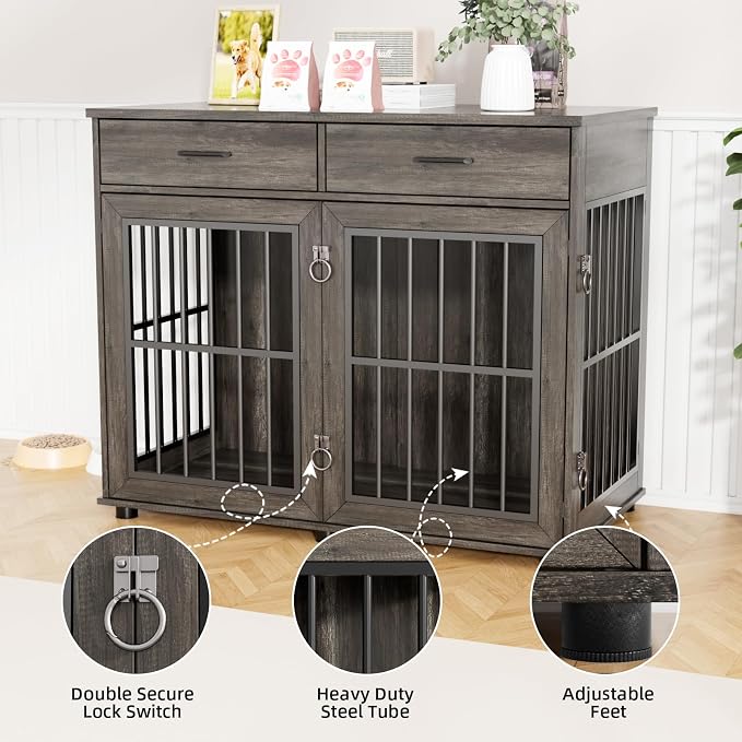 VOWNER 43.3" Large Dog Crate Furniture with 2 Drawers, Grey | Wooden Dog Kennel Furniture End Table with 3 Doors, XL Dog Kennel Indoor with Storage, Dog Cage TV Stand for Large Medium Dog