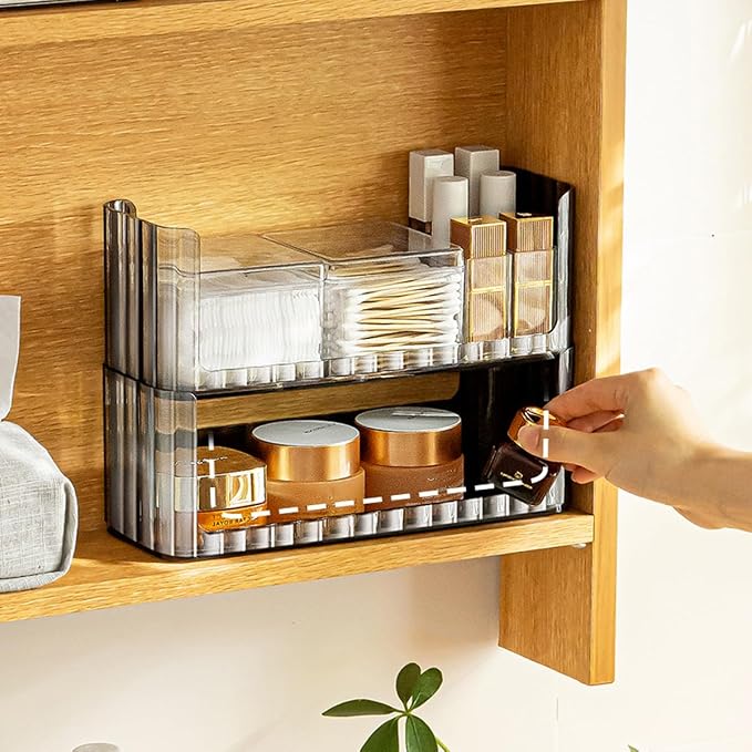 2-Tier Stackable Medicine Cabinet Organizer Shelves, Clear | Makeup Storage with Lipstick Holders, Cotton Swab Holder, Shelf Trays for Bathroom Cabinet, Counter, Vanity