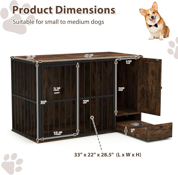 PETSITE 47.5-inch Dog Crate Furniture, Heavy-Duty Wooden Dog Kennel with Hidden Bowls in Pull-Out Drawer, Storage Cabinet, and Chew-Resistant Metal Frame, Industrial Style for Small & Medium Sized