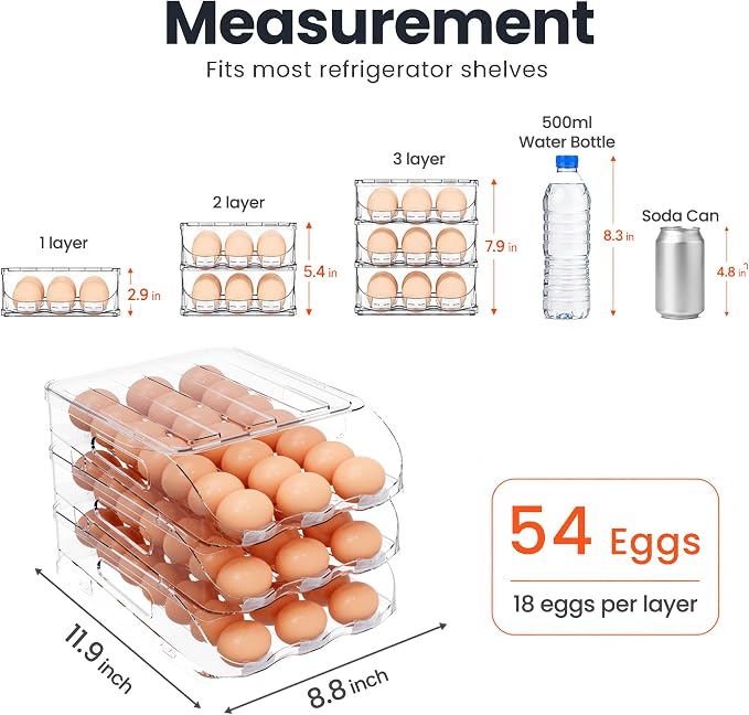 SMRCAD 54-Egg Dispenser with Silicone Bumpers, Auto-Rolling, Stackable | BPA-free food-grade PET | Stackable with lid | Built-in handle | 11.92"L x 8.85"W x 7.9"H | Hand wash only
