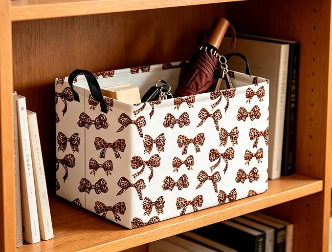 CLOCOR Rectangular Storage Basket,Waterproof Books Box with Handles,Gift Basket(Leopard Print Bow)