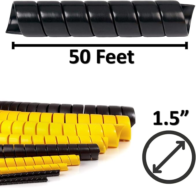 Electriduct 1.5 Inch Heavy Duty Spiral Wrap HDPE Flexible Plastic Cable Sleeve Hose Protector 50 Feet - Black