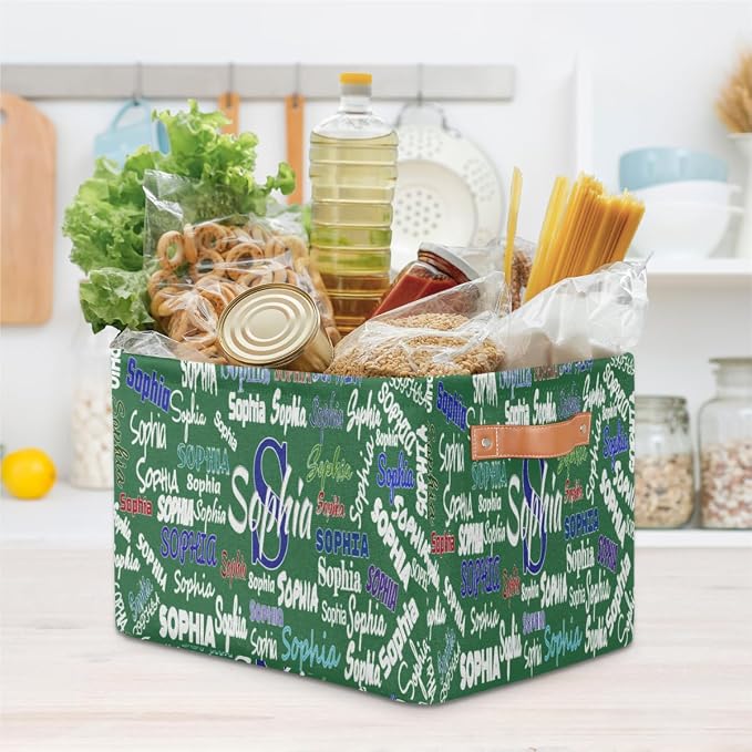 Personalized Kids Toy Box Name, Custom Nursery Baskets Cubes Box, Kids Custom Storage Basket Laundry Baskets Organizer with Handles, Deep Green Solid Background