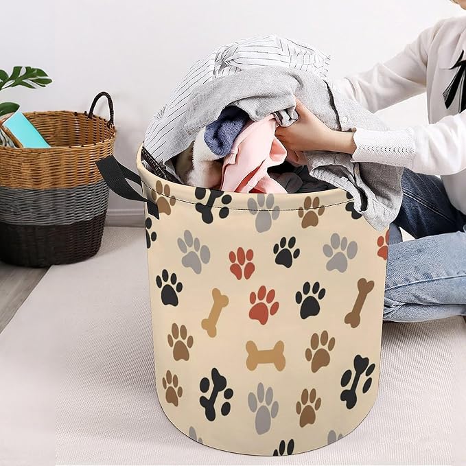 Large Capacity Foldable Hamper Dog Bone Paw Prints Cream, Waterproof Laundry Basket with Handles for Bedroom, Bathroom, and Clothes Storage