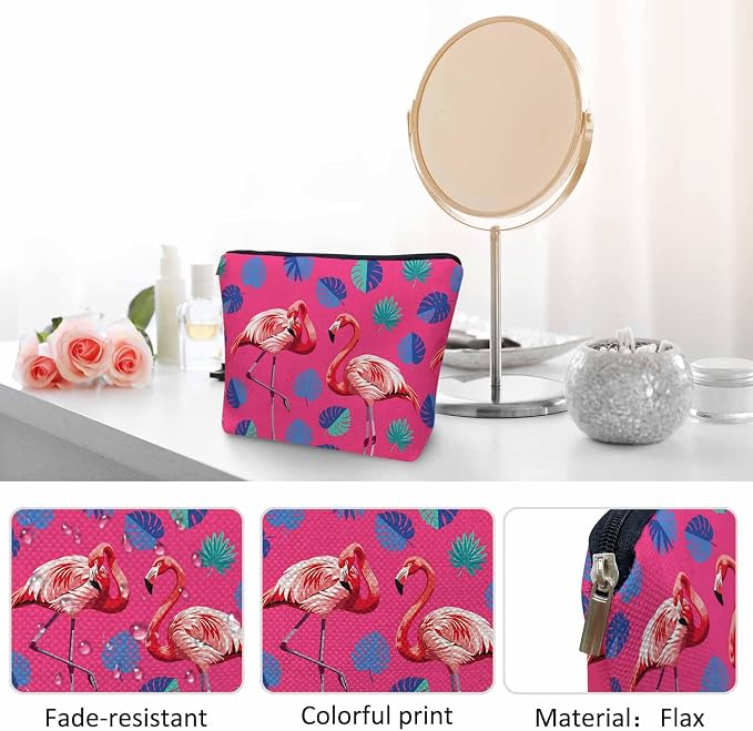 Flamingo Makeup Bag For Women, Adorable Cosmetic Pouch With Tropical Leaves Palms Pattern, Pink Zipper Travel Toiletry Organizer For Gym and Bathroom