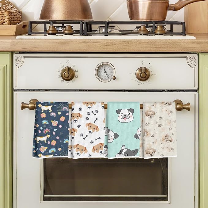 Hanamiya Na 4Pcs Cute Dog Kitchen Towels, Whimsical Decorative Absorbent Microfiber Dish Cloth Tea Towel, Waffle Hand Towels for Farmhouse Home Bathroom, Dog Gifts