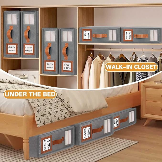 GhvyenntteS Bed Sheet Organizers and Storage, 4 Pack Closet Organizer | Foldable 800D Thickened Fabric, Clear Window & Labels, Leather Handle, Dust & Moisture Proof, Fits King & Queen Sheet Sets