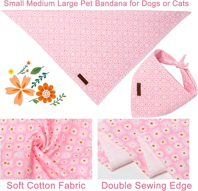 Summer Dog Bandana, UP URARA PUP Daisy Triangle Bid Scarf for Medium Large Dogs, Cotton Kerchief for Girl Boy Puppies, Cute Spring Pink Grid Bandana,L