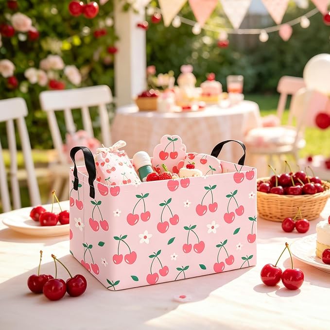 Rectangular Cherry Storage Basket Fabric Hamper | Gifts Bag for Books,Clothes,Gifts,Pets-Perfect for Home,Office,Nursery,Dorm,Shelf
