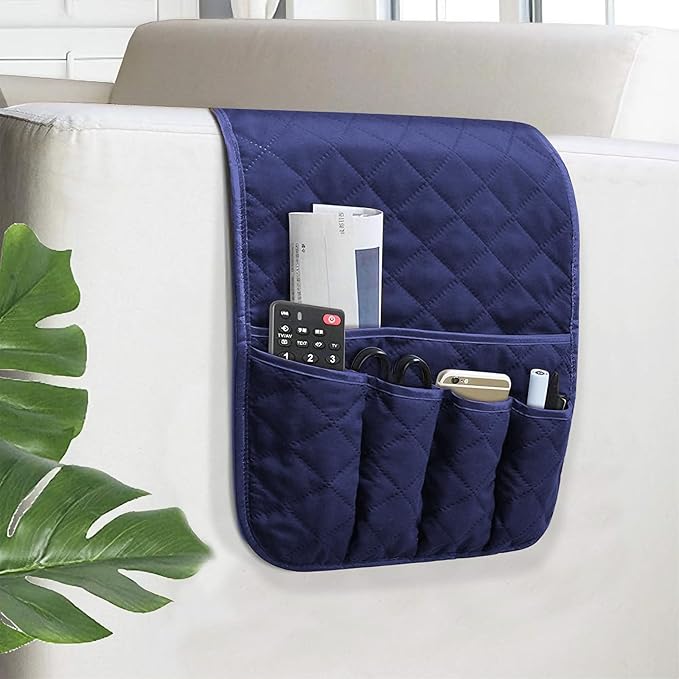 Armchair Caddy for Recliner, Non Slip Sofa Arm Organizer, Deep Blue | 5-Pocket Recliner Armrest Organizer, Couch Side Storage Holder for Remotes, Cell Phone, Magazines & Tablets, Machine Washable