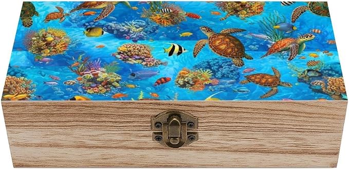 Wooden Memory Box with Lid Decorative Keepsake Box, Sea Turtle Ocean Animal | Turtles Storage Containers Wedding Birthday Gift Box Jewelry Organizer, 9.2x5.5x3.9 Inch