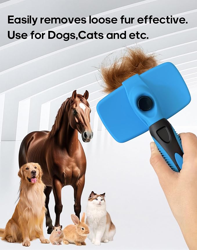 Self Cleaning Shedding Brush - Skin Friendly Grooming Tool for Dogs, Cats, and Puppies, Deshedding and Hair Removal for Long and Short Haired Pets (Blue)