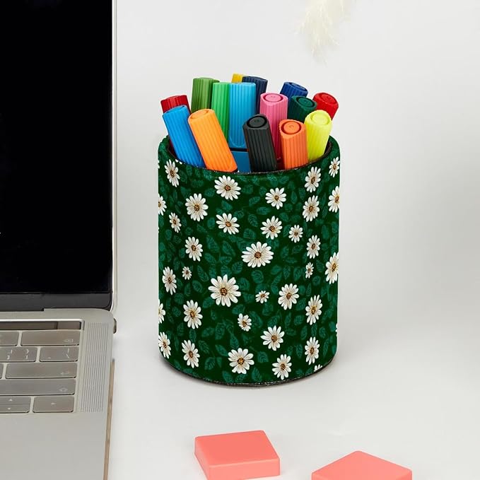 Faux Leather Pen Holder for Desk, Pencil Organizer Daisy Pen Cup Desk Decor Makeup Brush Holder Storage for Office Home