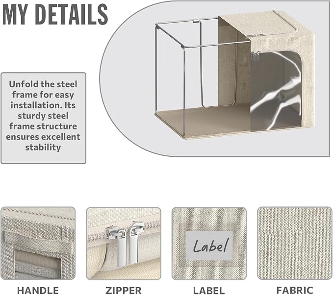 4 Pack Clothes Storage Bins with Metal Frame - 66L Stackable Storage Box with Lid，Foldable Storage Container Organizer for Clothes，Linen Fabric Storage Box with Clear Window＆Zippers＆Handles