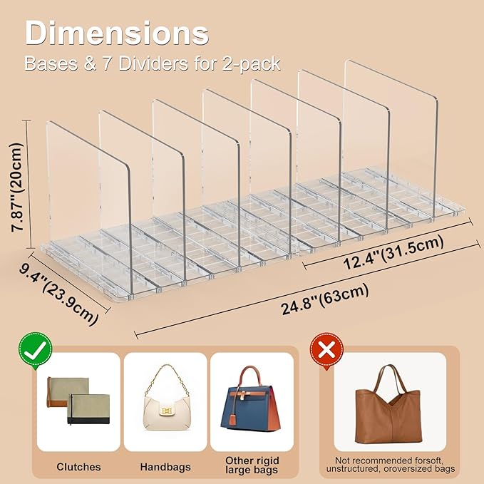 SortNStore Bag & Purse Organizer for Closet: Adjustable Clear Dividers | Plastic Clutch for Closet Organizers Handbag Storage - Keep Carteras & Pocketbook Upright