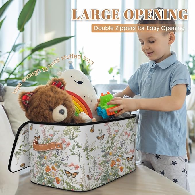 Pardick Storage Bin Wild Floral Butterfly Storage Baskets with Zipper Lid & Handle Foldable Closet Shelf Cloth Organizer Basket Cube Bins Clothes Organizer for Nursery, Bedroom