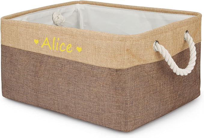Personalized Pet Dog Toy Storage Foldable Bin Basket, Colorful Font Customized Pet's Name Box Organizer for Dog Toys、 Apparel & Accessories, with Weave Rope Handle(heart brown-s)