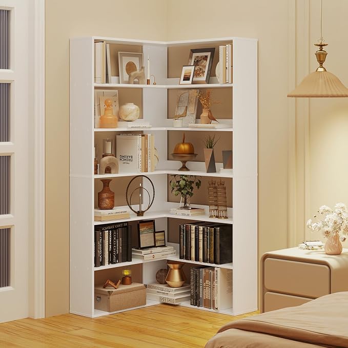 Corner Bookshelf, Freestanding L Shaped Display Shelf, 6 Tiers Bookcase with Baffles, Wooden Bookcase with Storage Organizer for Home Office, Living Room, Bedroom (35.2")