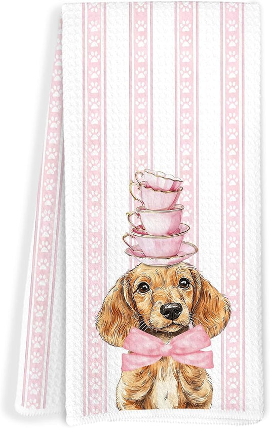 Pink Coquette Dachshund Kitchen Towels, Dachshund Lover Gifts Dish Tea Towels, Preppy Sausage Wiener Dog Pink Paws Decorative Hand Towel for Kitchen Bakery, 16x24 Inch