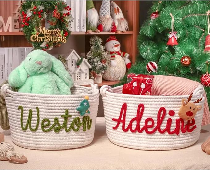 Personalized Cute Small Woven Basket with Handles, Custom Cotton Rope Room Shelf Storage Basket, Empty Decorative Gift Basket, Decorative Round Bin for Nursery Bedroom Bathroom (Style F)