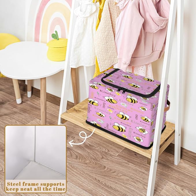Personalized Kids Toy Box with Name, Custom Pink Nursery Baskets Cubes Box with Zipper Lid, Kids Custom Storage Basket Laundry Baskets Organizer with Handles, Bee and Floral