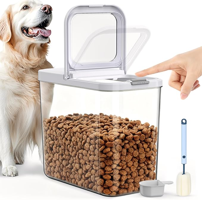 LEAWALK 12 Lbs Airtight Dog Cat Food Storage Container and Dog Treat Containers BPA-Free, PET Clear Stackable Pet Storage Bin, 1-Cup Scoop, 1-Sponge cleaning brush, Pop Top, With handle, Easy Mobility