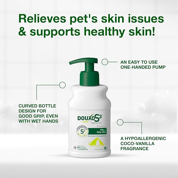 Douxo S3 SEB Shampoo, Contains 0.5% Ophytrium, Odor Control & Seboregulating, for Oily to Flaky Skin, Seborrhea, for Dogs and Cats, 6.7 fl. oz. (200mL)