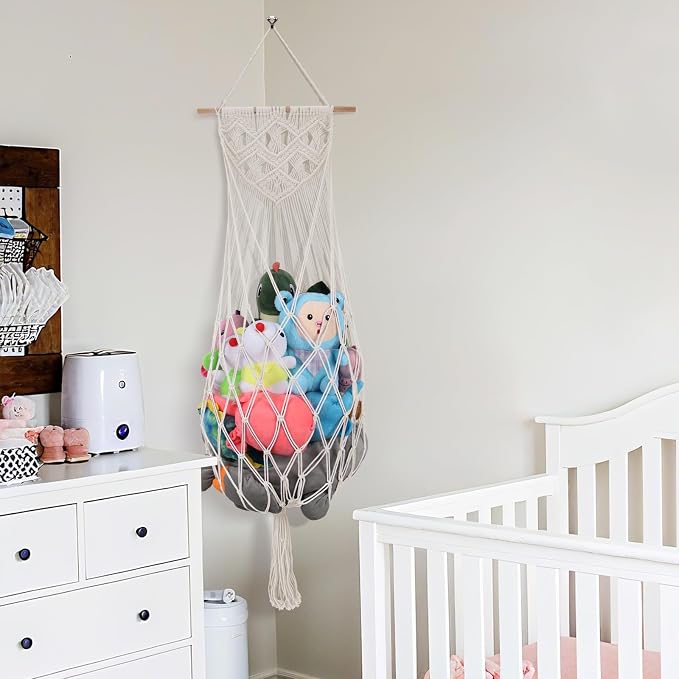 63 Inch Stuffed Animal Storage Hammock Corner, Stuffy Plushie Net,Cream | Wall Ceiling Over Door Hanging Toy Hammock for Stuffed Animals,Plushies Organizer w/ Star Lights,Nursery Kid Room Decor Gift