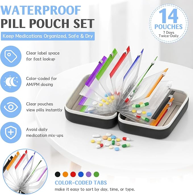 A8 Weekly Waterproof Pill Pouch Set, Reusable Weekly Pill Organizer with 14 Coded AM PM Pouches, Compact Portable Vitamin Supplement Storage Case for Travel Purse Daily Use