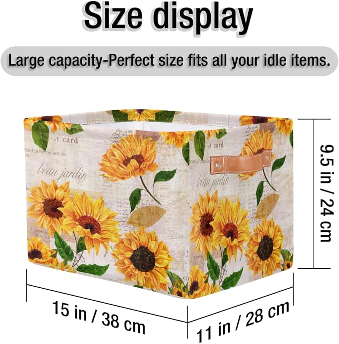 Storage Basket Flower Floral Sunflower, Large Foldable Organizer Storage Bins for Shelves, Sturdy Canvas Cubes Storage Boxes with Handles for Toys Closet Nursery Office Living Room 15" x 11" x 9.5"