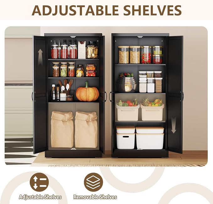Black Metal Storage Cabinet, 63" Kitchen Pantry Cabinets for Office | Steel Kitchen Pantry Storage with Doors and 3 Adjustable Shelves, Metal Tool Cabinet, for Office, Home, Garage, School