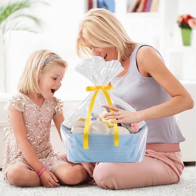 OIAHOMY Woven Basket, Gift Basket Empty with Gift Bags and Ribbons, Rope Baskets for Baby Showers, Storage Baskets with Handles for Nursery, Pet Toy Organizer - Blue