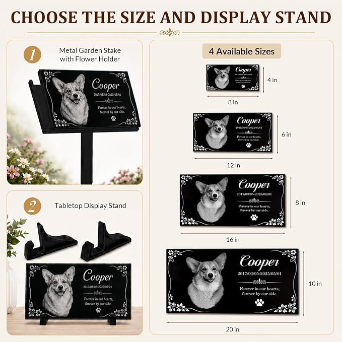 Personalized Pet Memorial Stone, Custom Granite Pet Grave Marker | for Dogs & Cats , Engraved Memorial Plaque with Photo Name Dates & Message, Indoor Outdoor Garden or Tabletop Display