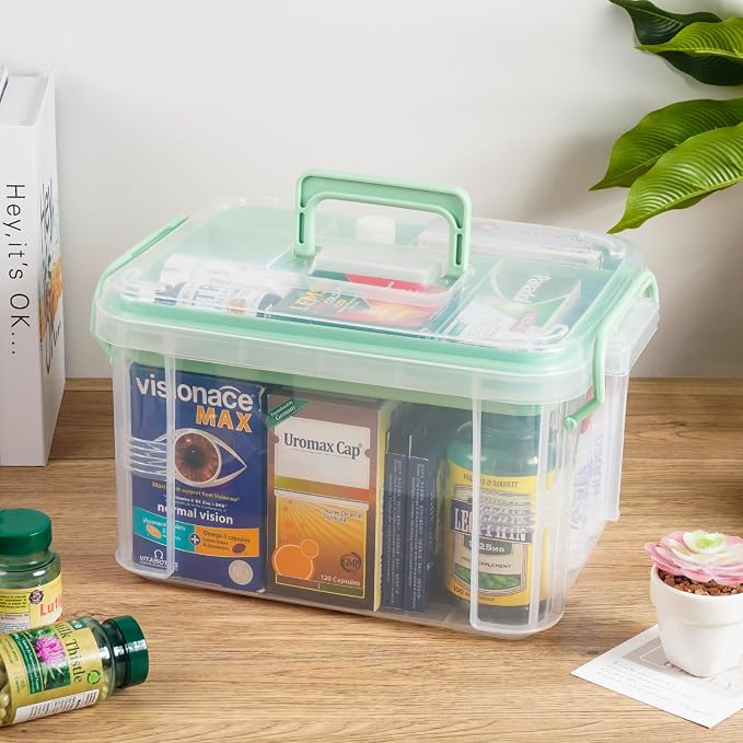 HEY FOLY Set of 2 Medicine Organizer Storage Box with Tray, 15qt+5qt Green Plastic First Aid Box Empty, Thickened Medicine Container Chest, Multipurpose Medical Case with Labels, Green Medicine Caddy