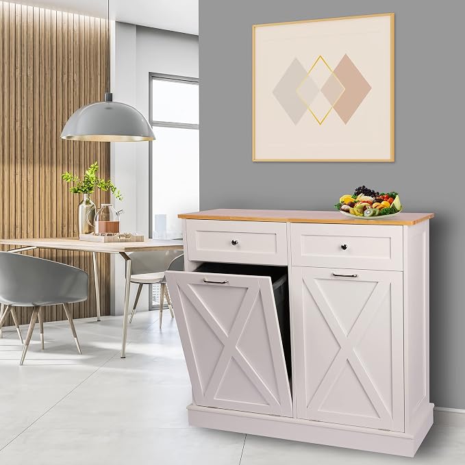 TOLEAD Double Tilt Out Trash Can Cabinet 2 x 10 Gallon Wooden Hidden Trash Cabinet with Barn Door & Solid Wood Top, Farmhouse Kitchen Garbage Bin Enclosure, Pet Proof Odor Blocking for Kitchen, White