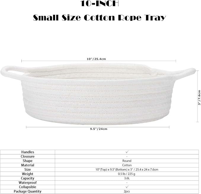 Sea Team 2-Pack Compact Woven Cotton Rope Storage Baskets, White | Knitted Decorative Organizer Bins with Handles, Portable Round Containers for Small Items, Keys, Makeup, Jewelry, Trinkets
