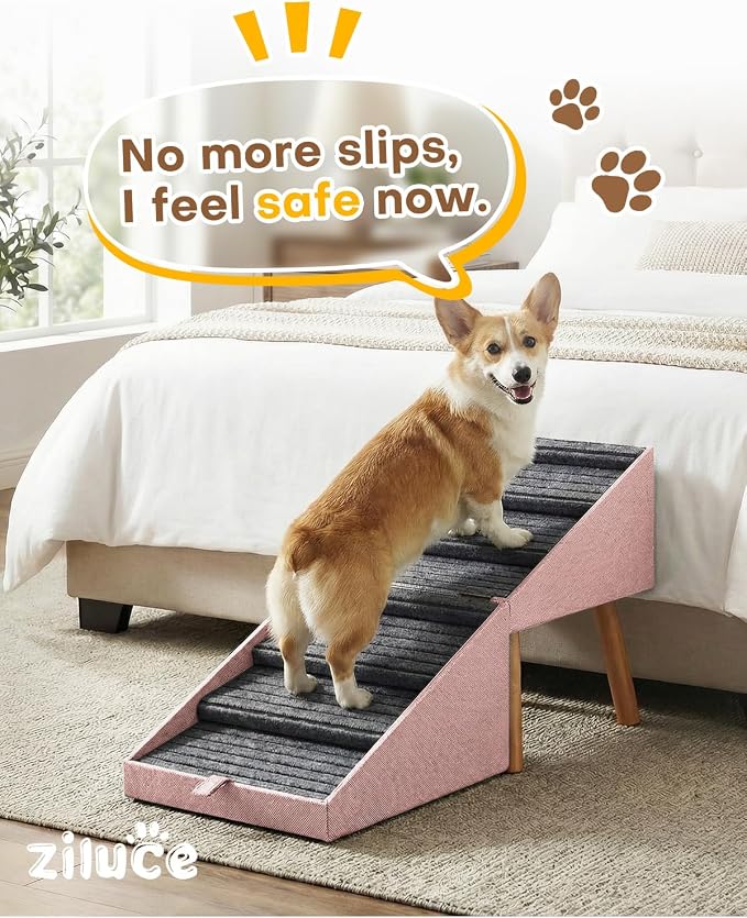 Dog Ramp for Bed & Couch, Foldable Dog Stairs 21.06" inches High | Split Ottoman No-Slip Surface Dog Ramp, 2 in 1 Wooden Pet Steps for Puppy and Large/Medium/Small Dogs,Pink