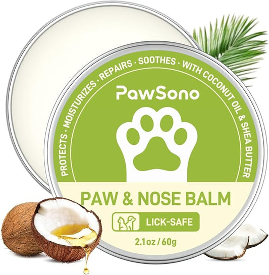 PawSono Lick-Safe Dog Paw & Nose Balm with Coconut Oil | All-Natural Moisturizer & Soother for Dry, Cracked Pads & Snout | Heat & Cold Pavement Protection Wax, Nose Butter for Bulldogs (2.1 oz / 60 g)