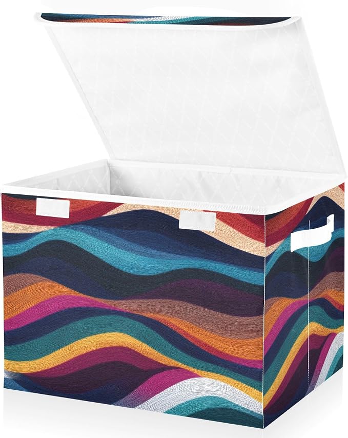 Color Boho Wave Storage Bins with Lids Closet Bedroom 40L Storage Basket | Decorative Storage Boxes, Foldable & Stackable, Dust-Proof Flip Top, Reinforced Handles, For Home & Dorm, Clothes & Toy Box