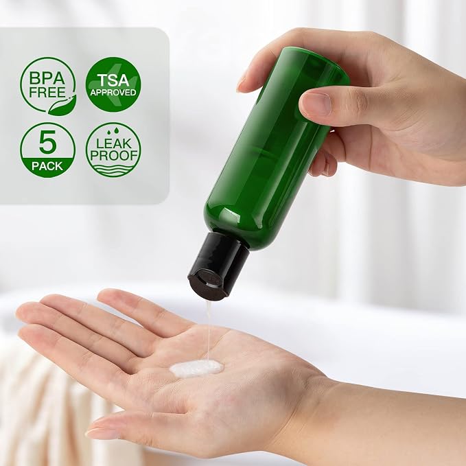 Travel Bottles for Toiletries, 3.4 oz Travel Size Containers, 5pcs, Green | Squeezable empty plastic bottles, TSA approved, leak proof, with labels, for liquids & shampoo lotion, gym essentials
