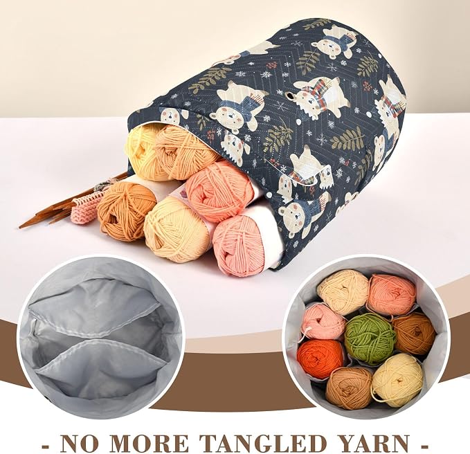 Fustylead Xmas Happy Bears Over Blue Plaid Checked Yarn Storage Bag and Knitting Crochet Tote, Large Yarn Drawstring Basket for Crocheting Kit, Project, Sewing Supplies, Needles