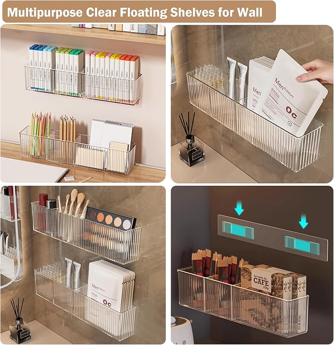 2Pack Wall Mount Pen Holder,Marker Stationery Organizer,Makeup Storage | No Drill,Heavey Duty Adhensive Tape, Clear Wall Storage for Office, Medicine Cabinet Door Organizer Storage, Floating Shelves