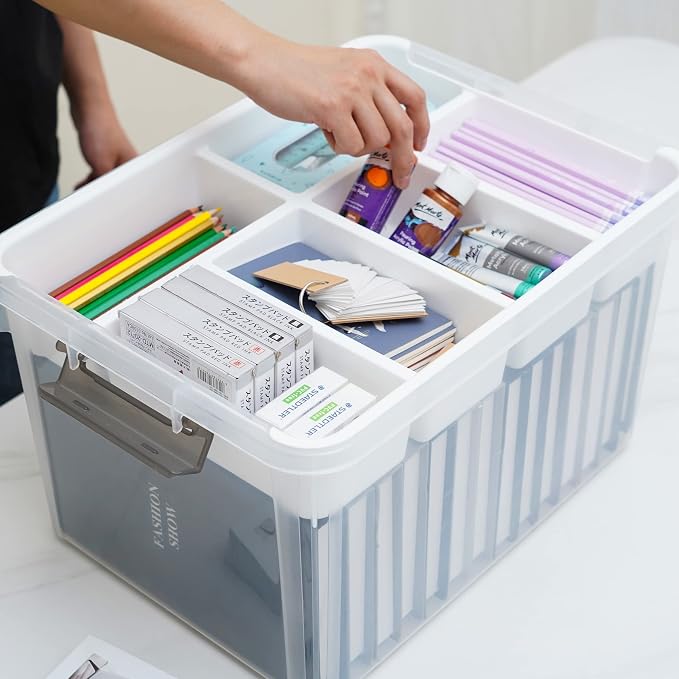 Citylife 32QT Clear Craft Organizers and Storage Box with Removable Tray | Stackable Art Supply Organizer Storage Bins with Lids for Beads, Markers, Sewing, Tools, Playdoh, Toys, Made in USA