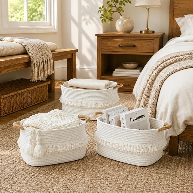 Storage Basket, Woven Baskets for Shelves, White Basket | 3 Pack Boho Cotton Rope Storage Baskets, 14" x 9" x 8", Home Organizer for Nursery, Holds Toys, Books & Towels