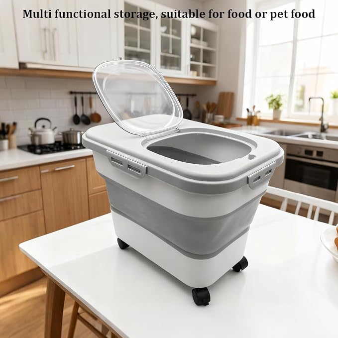 20-30 Lbs Grey Collapsible Airtight Rice Pet Food Storage Container | With Rolling Wheels Lock Lid Scoop Cup, Large Bin for Rice Flour Pet Food Home Storage