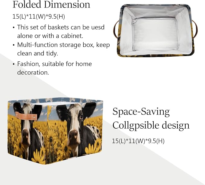 Cow Sunflower Storage Basket Bin Memorial Day Large Fabric Toys Storage Cube Box with Handles Collapsible Closet Shelf Cloth Organizer for Nursery Bedroom Bathroom