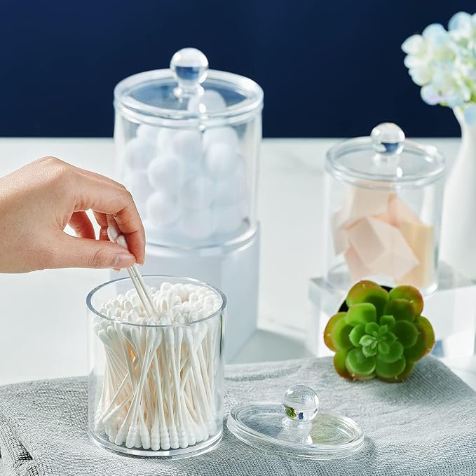 SheeChung 8 Pack Acrylic Qtip Holder with Labels, Qtip Jars for Bathroom | (4) 12oz & (4) 10oz Clear Qtip Holder Set,Shatterproof Bathroom Vanity Organizer for Cotton Swabs,Balls,Pads,Minimalist Decor