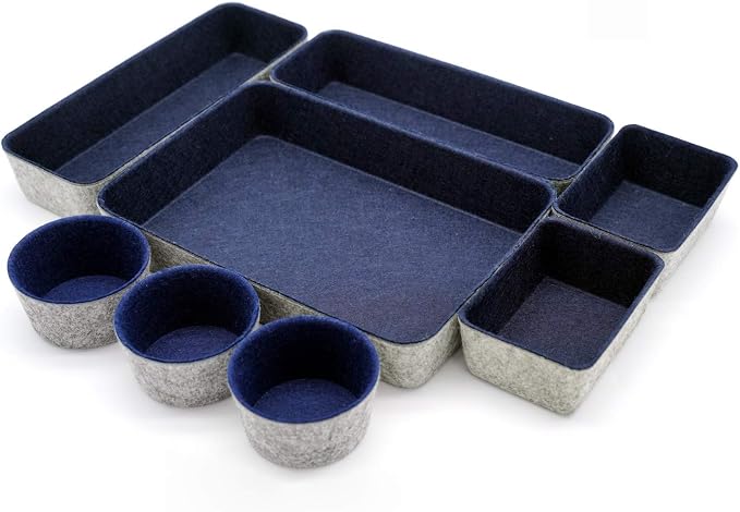 Welaxy 8pc office desk drawer organizer tray felt Storage bins Shallow Navy
