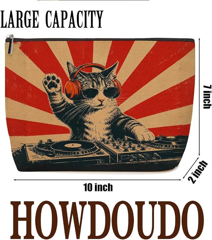 Cool DJ Cat Makeup Bag Funny Cat Headphones Cosmetic Bag Gifts for Women | Cool Durable Travel Organizer Pouch for Women, Outdoor Portable Toiletry Bag, Stylish Cat Lovers Gift